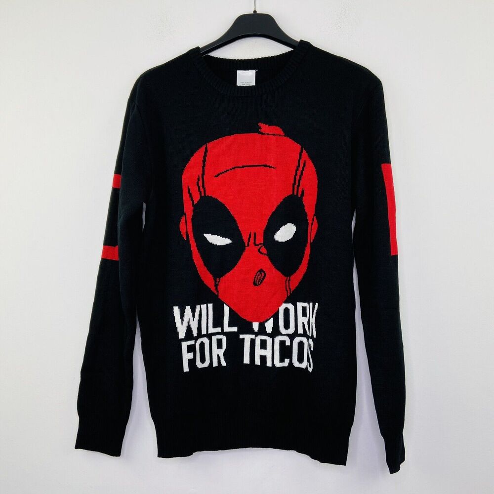 Marvel Deadpool Men's Medium Pullover Sweater Will Work For Tacos Black Red NWT